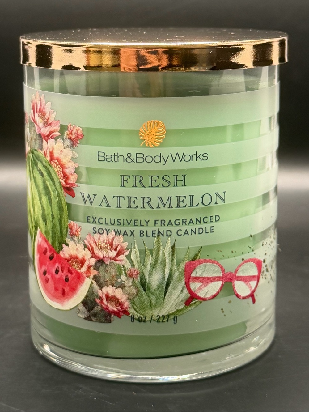 Bath & Body Works Fresh Watermelon Candle Single-Wick 8OZ Green w/ Gold Lid